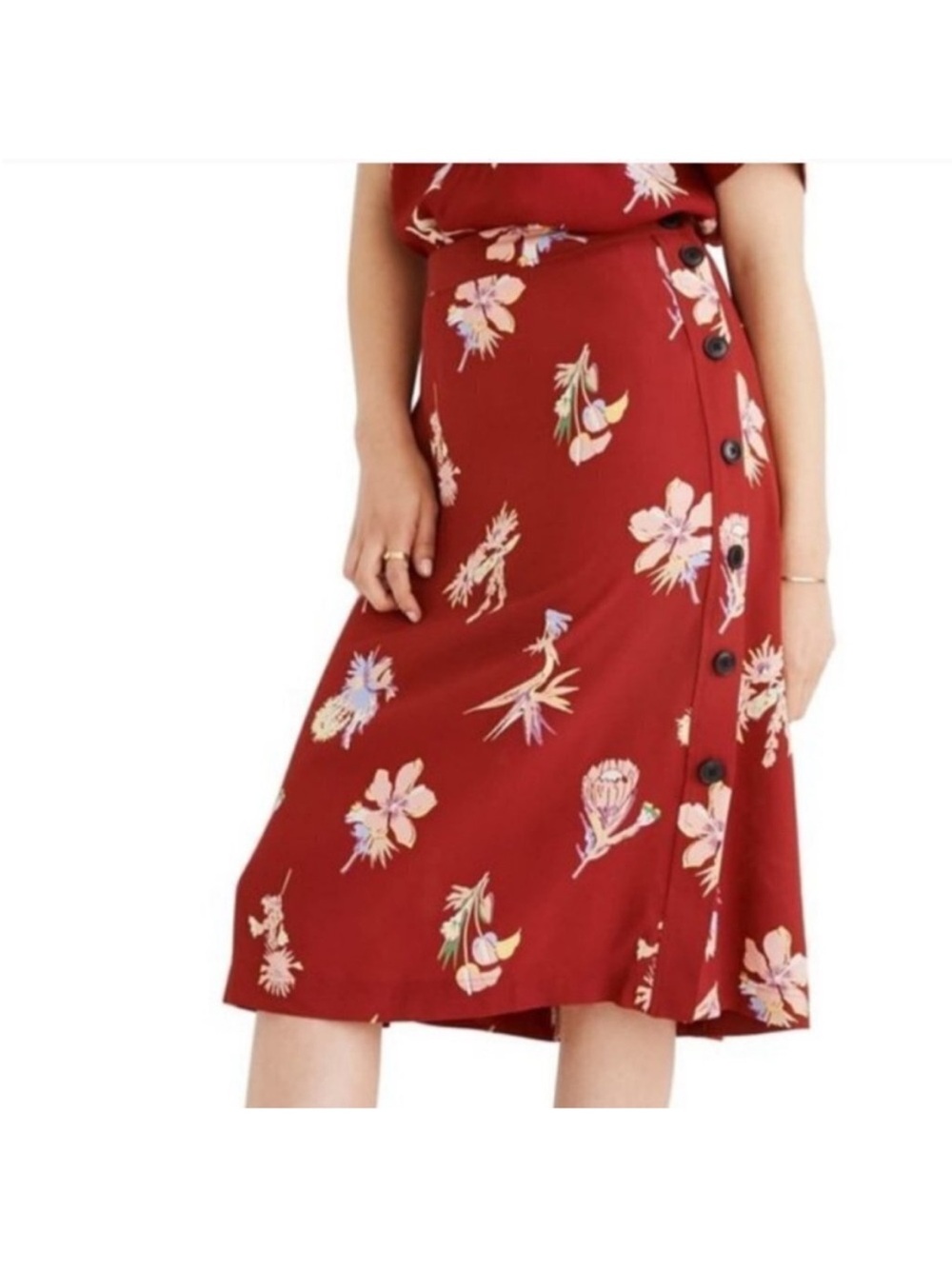 Madewell Bird of Paradise Red Floral Button-Accent Red Midi Skirt Size 8